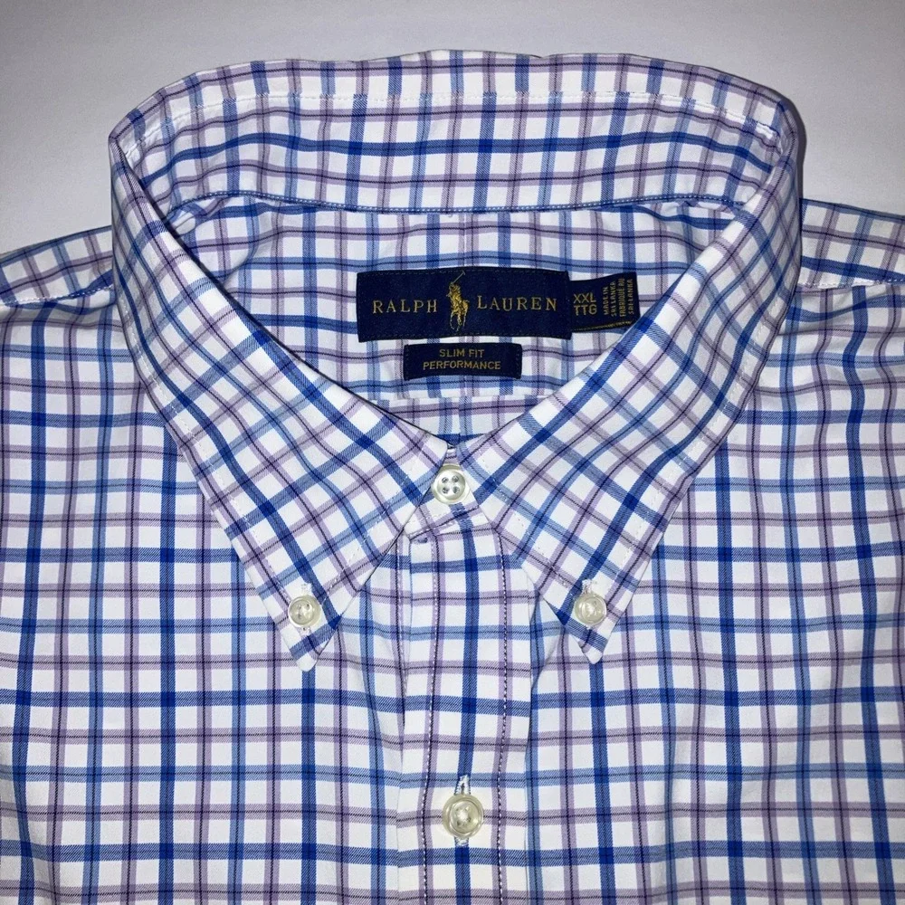 Polo Ralph Lauren Shirt Mens 2XL Slim Fit Performance Stretch Blue‎ Pink Check